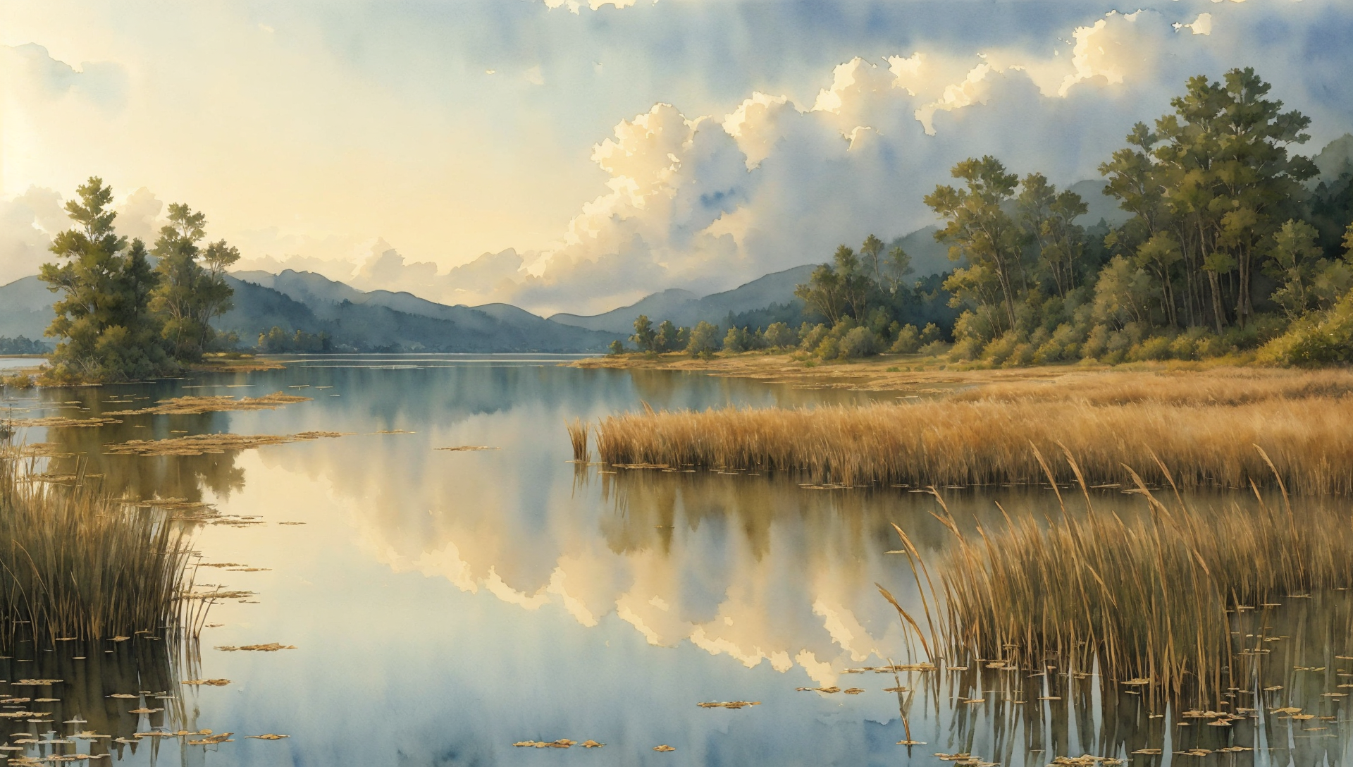 4194226595-757569510-majestic,best quality  ( watercolor sketch _1.11) of a ___shore of the lake covered with reeds in  _ in the afternoon, cloudy ,_.png